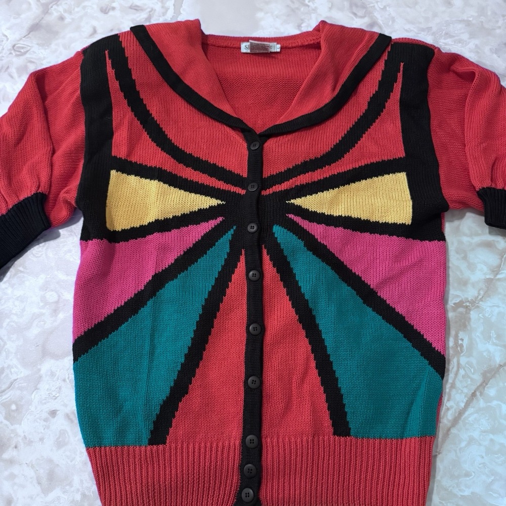 Vintage‎ 80s Women's Large Color Block Geometric Sweater Cardigan Short Sleeve